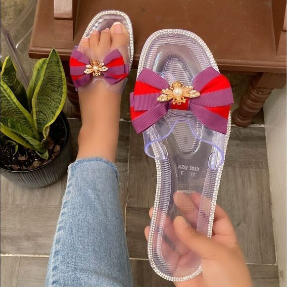 Clear Jelly Bee Bow Sandal Slides - Picture 1 of 3